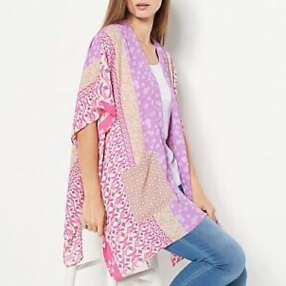 Susan Graver Printed Woven Patch Pockets Open Cardigan - Picture 1 of 5